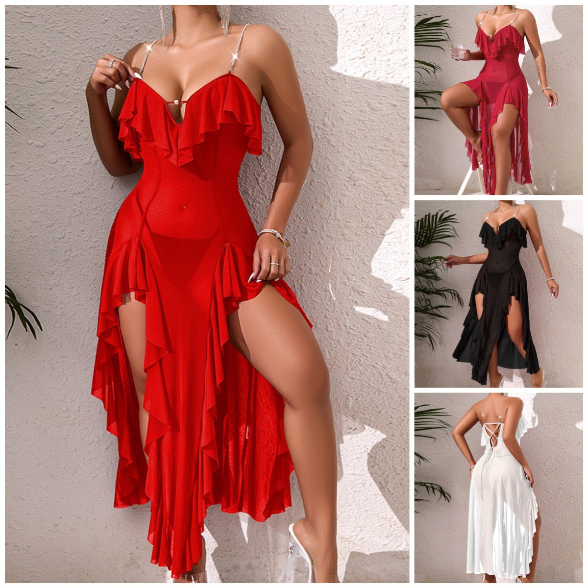 ZAHIR Midnight Flora: Lace-up Back Ruffle Slit Gown