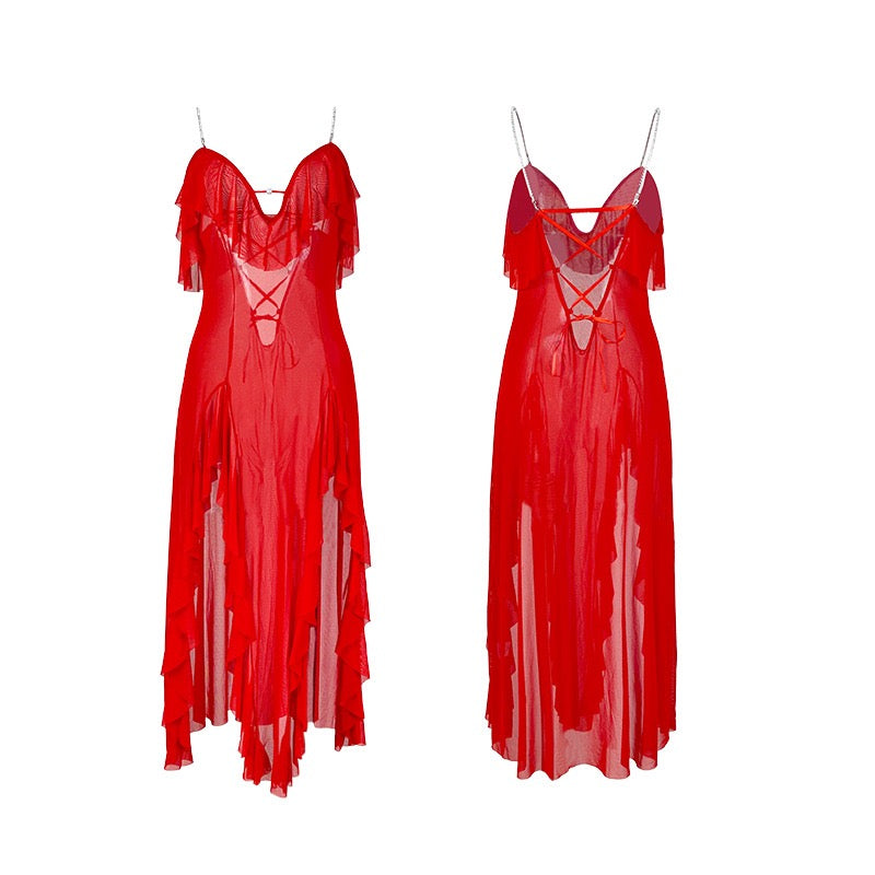ZAHIR Midnight Flora: Lace-up Back Ruffle Slit Gown
