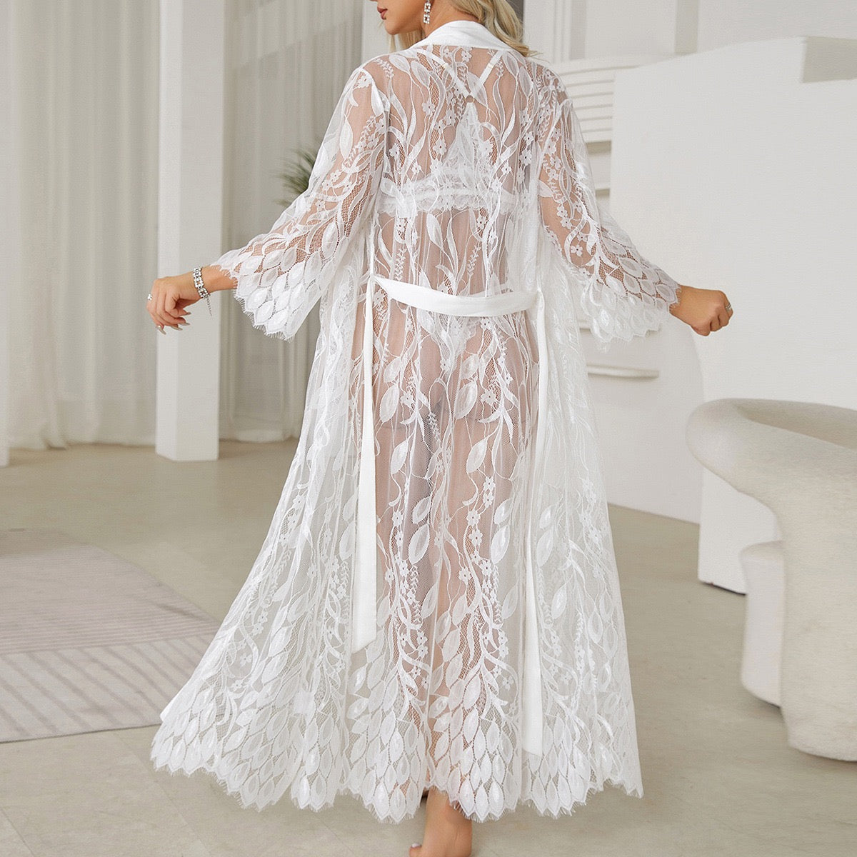 ZAHIR Private Edit: Botanical Lace Maxi Robe with Satin Trim