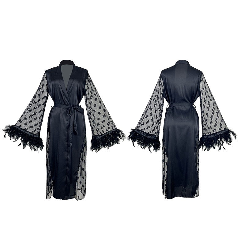 ZAHIR Private Edit: Feather-Trimmed Satin Robe with Heart-Mesh Sleeves