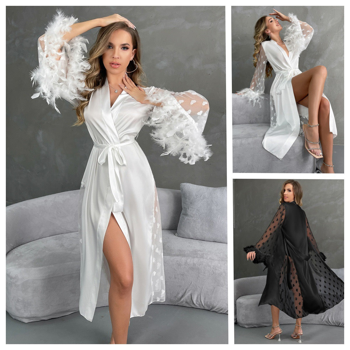 ZAHIR Private Edit: Feather-Trimmed Satin Robe with Heart-Mesh Sleeves