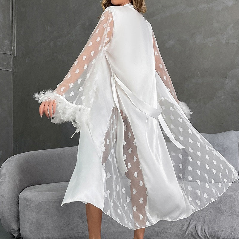 ZAHIR Private Edit: Feather-Trimmed Satin Robe with Heart-Mesh Sleeves