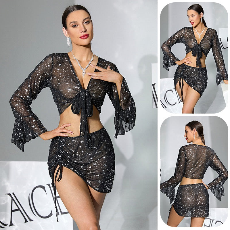 ZAHIR Private Edit Midnight Sparkle Sheer Two-Piece Cover-Up Set