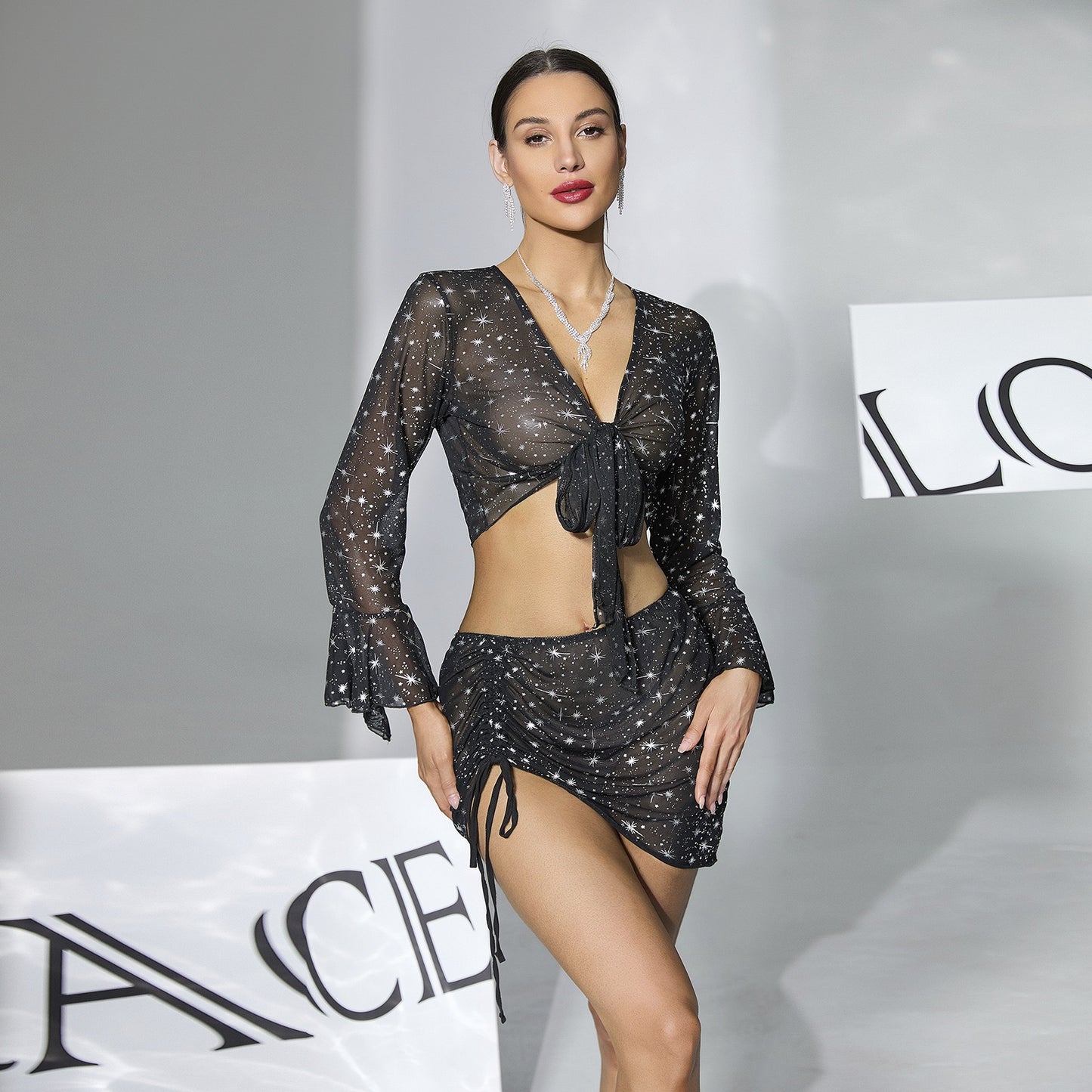 ZAHIR Private Edit Midnight Sparkle Sheer Two-Piece Cover-Up Set