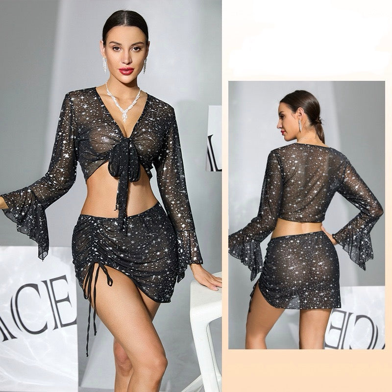 ZAHIR Private Edit Midnight Sparkle Sheer Two-Piece Cover-Up Set