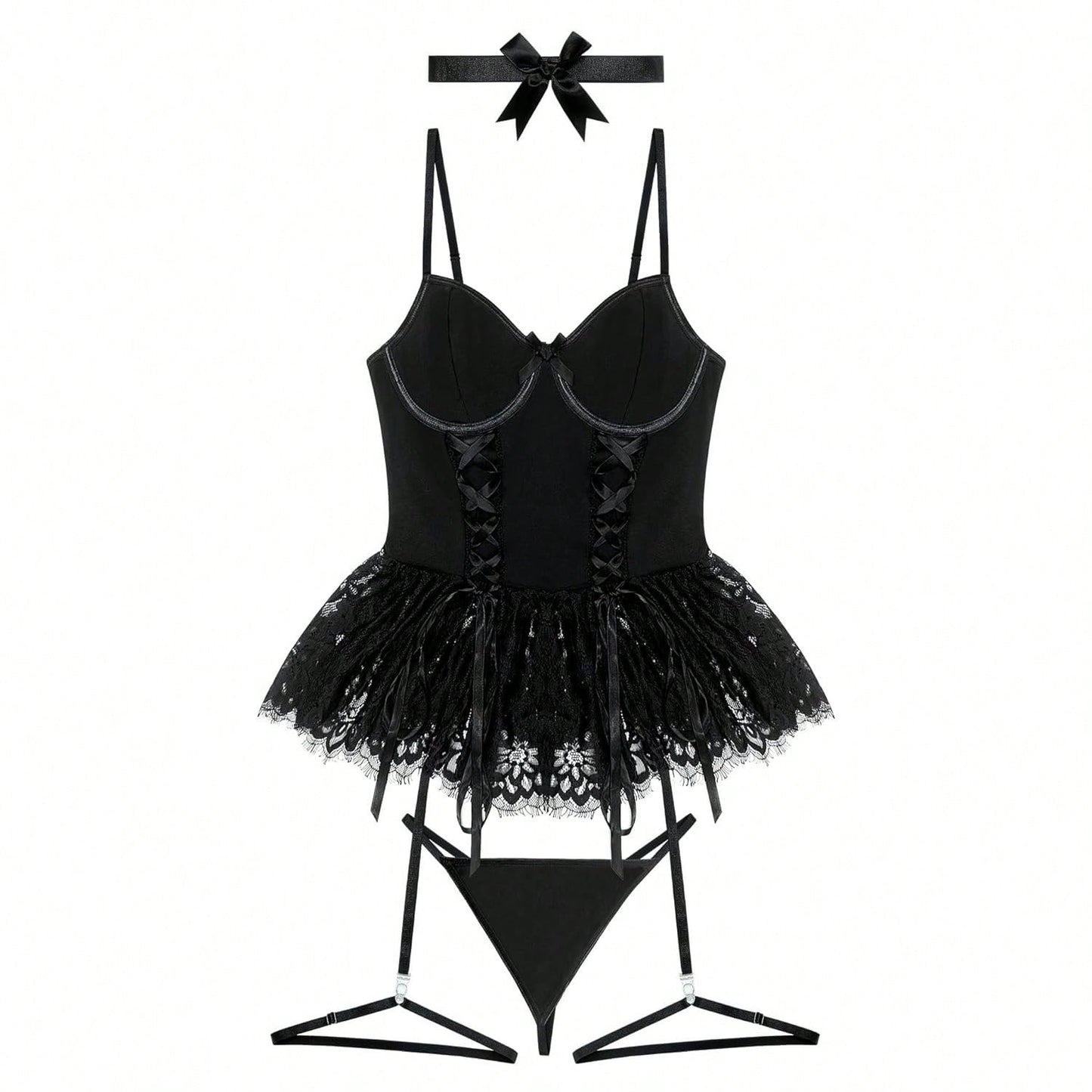 ZAHIR Private Edit Noir Lace Corset Babydoll with Garter Straps & Choker