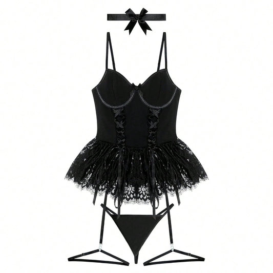 ZAHIR Private Edit Noir Lace Corset Babydoll with Garter Straps & Choker