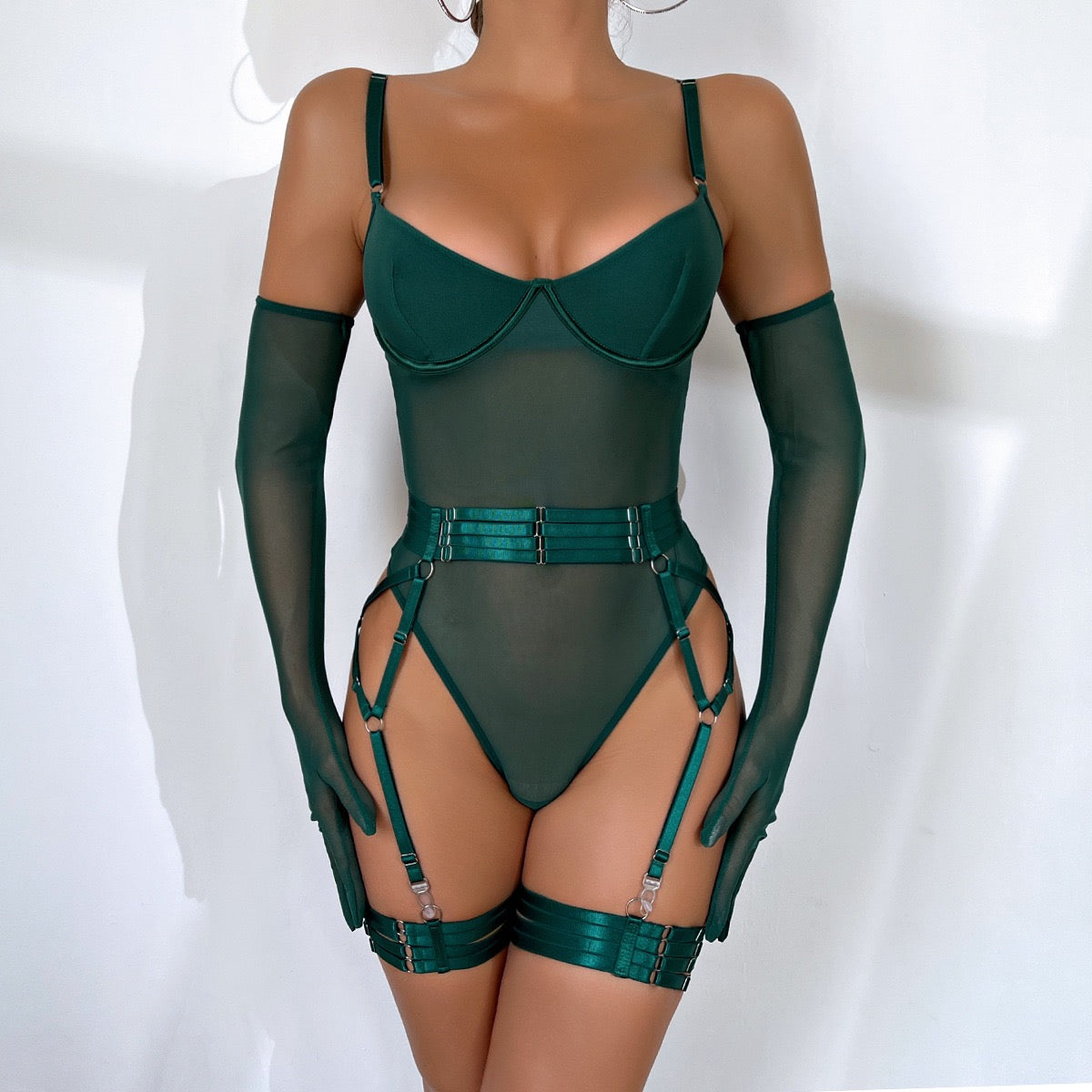 ZAHIR Private Edit: The Enchanted Emerald Mesh Bodysuit Lingerie Set