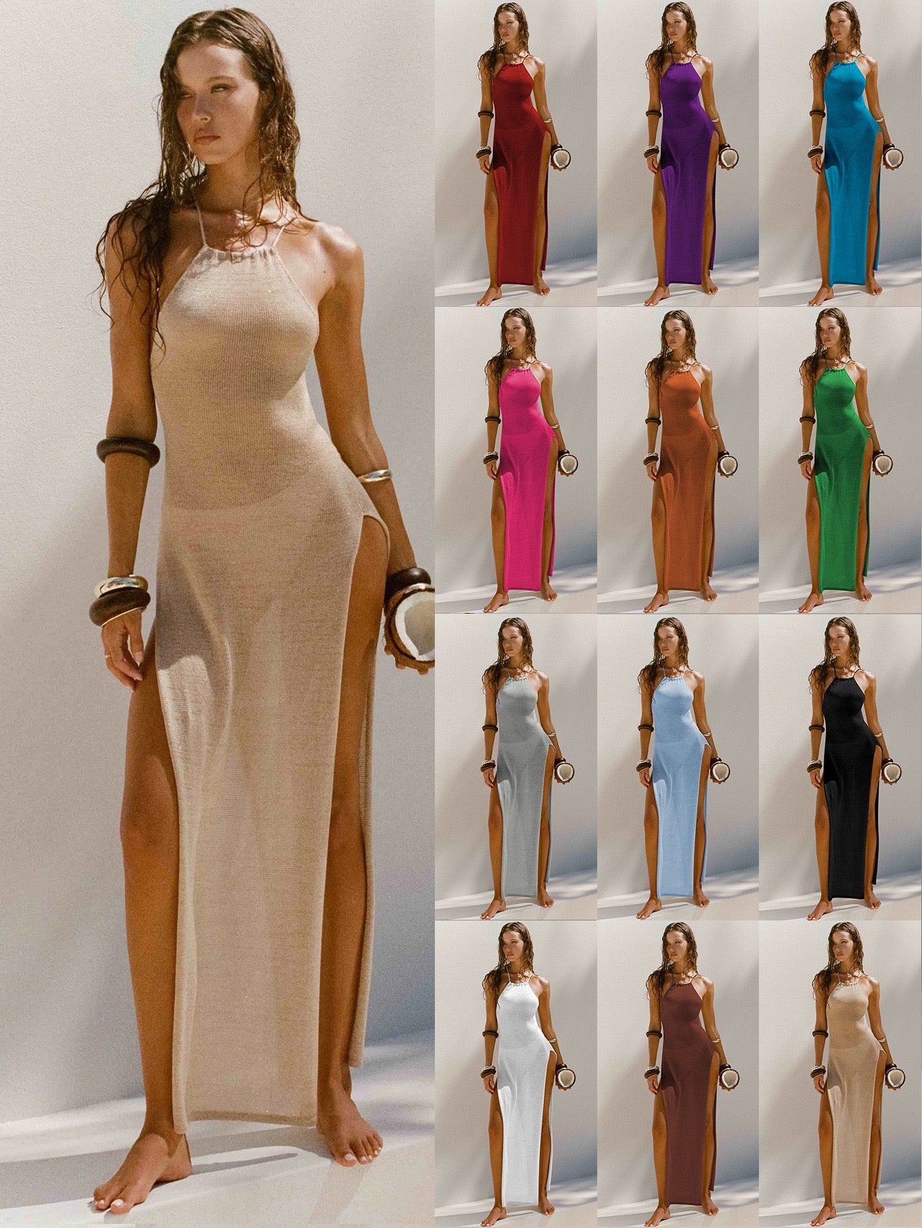 ZAHIR Private Edit: Sun-Kissed Sheer Knit Halter Maxi Dress