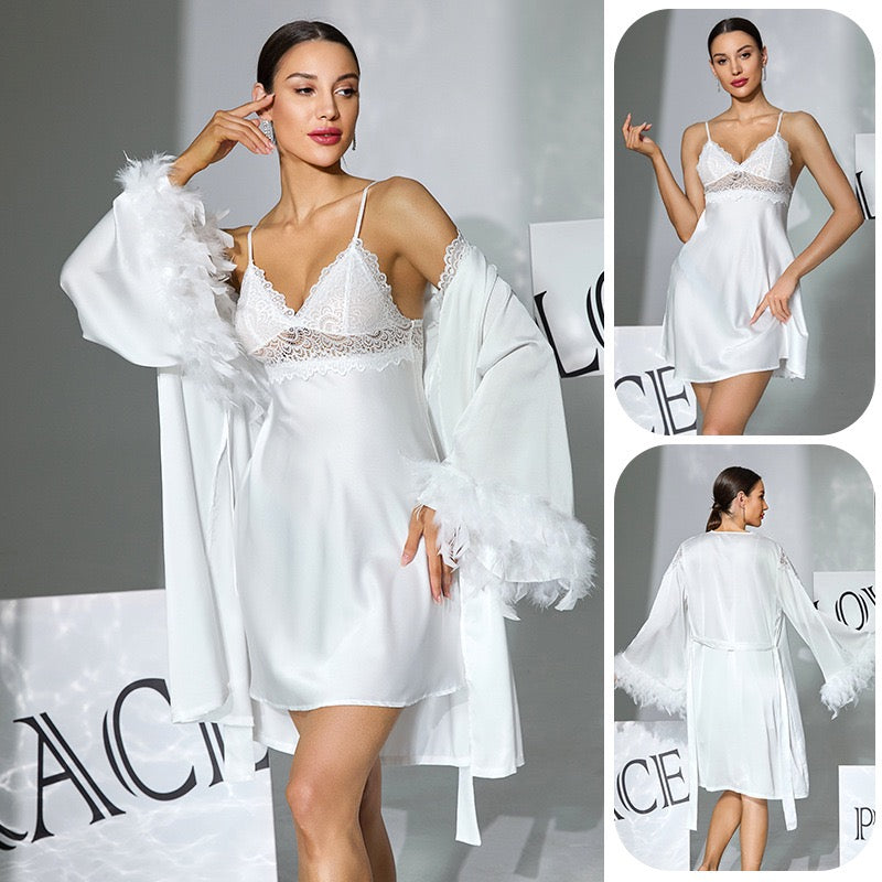ZAHIR White Satin Feather Robe & Chemise Set | Private Edit