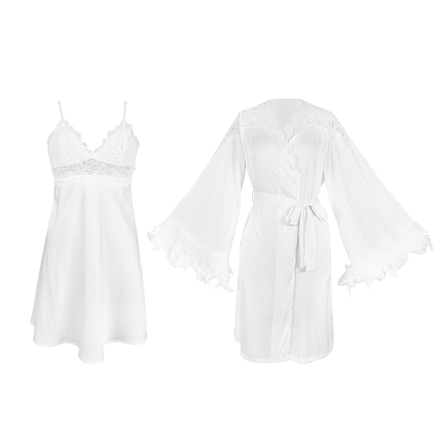 ZAHIR White Satin Feather Robe & Chemise Set | Private Edit
