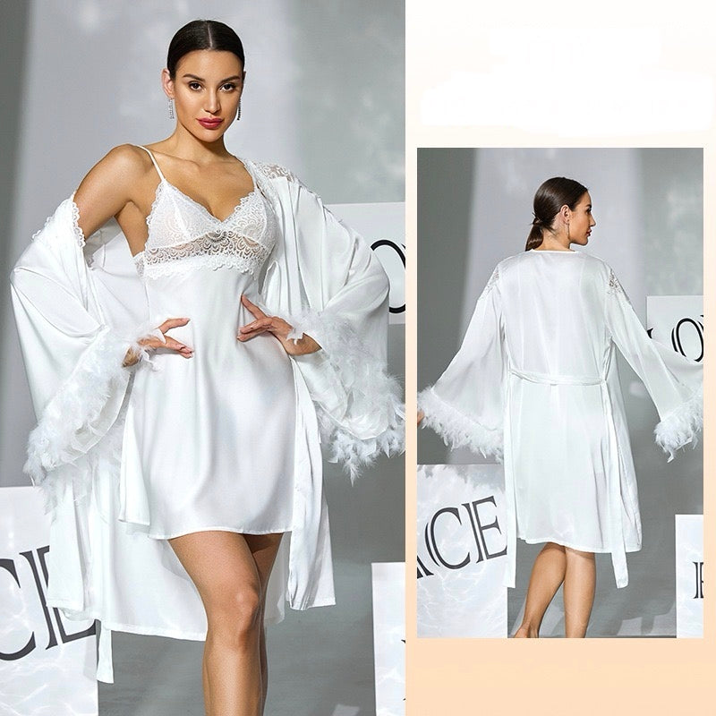 ZAHIR White Satin Feather Robe & Chemise Set | Private Edit