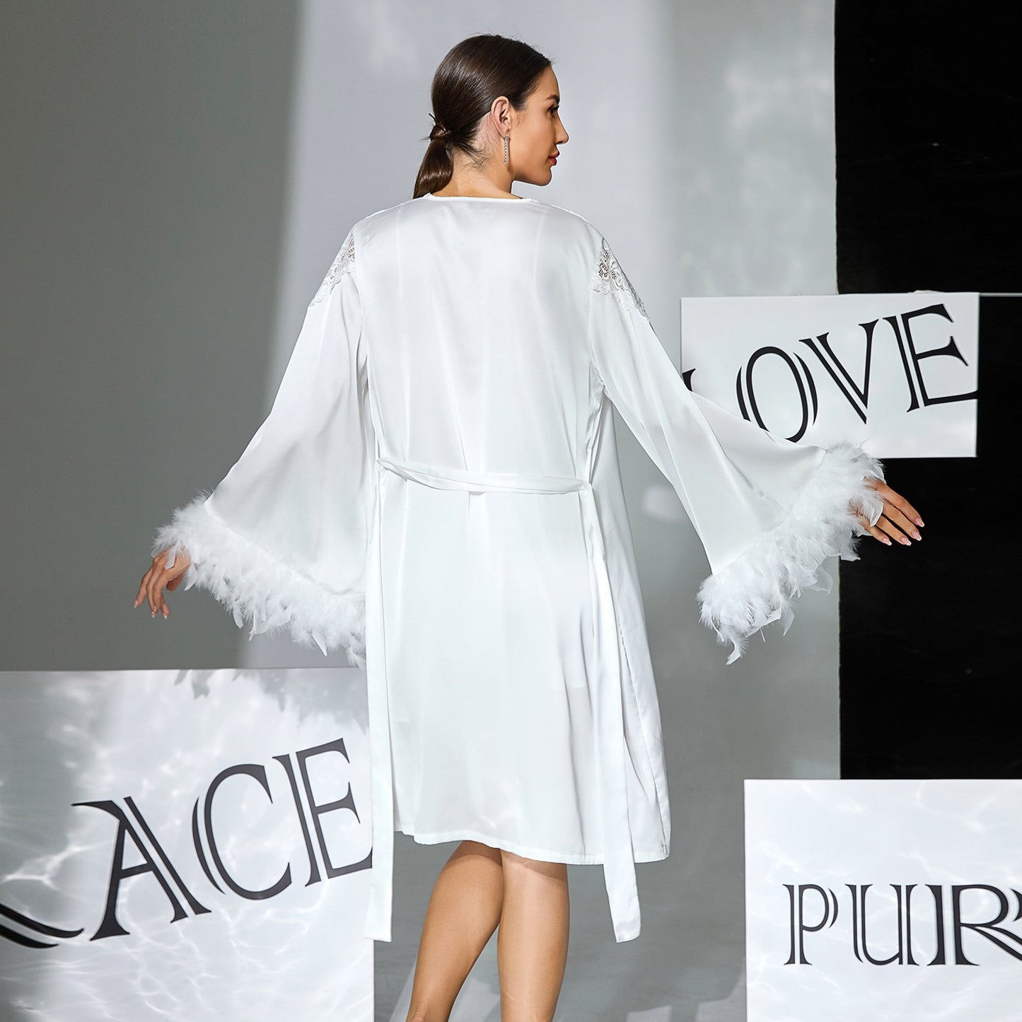 ZAHIR White Satin Feather Robe & Chemise Set | Private Edit