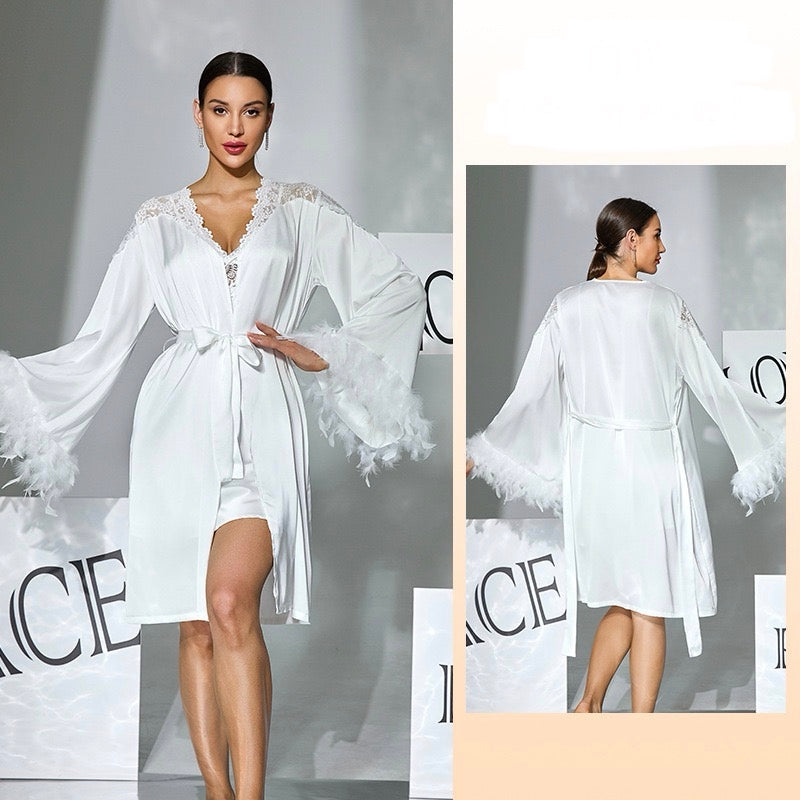 ZAHIR White Satin Feather Robe & Chemise Set | Private Edit