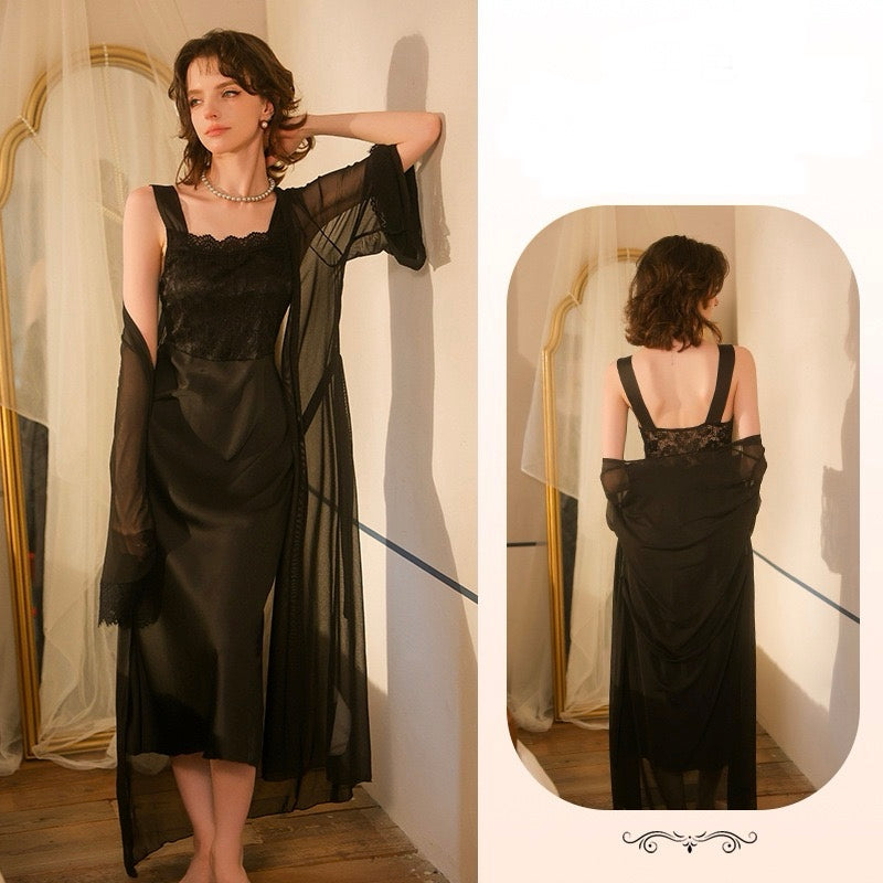 ZAHIR Black Lace Satin Slip & Sheer Robe Set | Private Edit