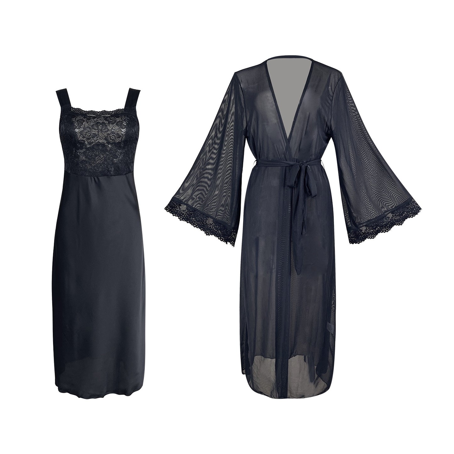 ZAHIR Black Lace Satin Slip & Sheer Robe Set | Private Edit
