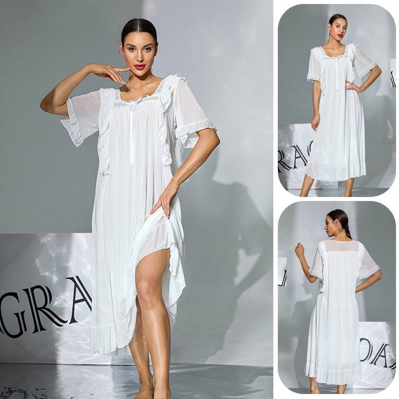 ZAHIR White Ruffled Sheer Nightgown | Private Edit