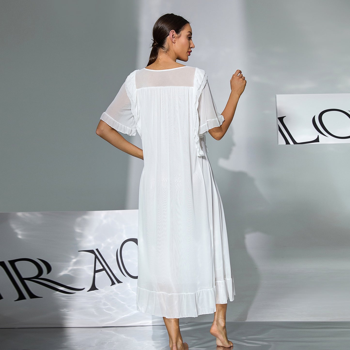 ZAHIR White Ruffled Sheer Nightgown | Private Edit