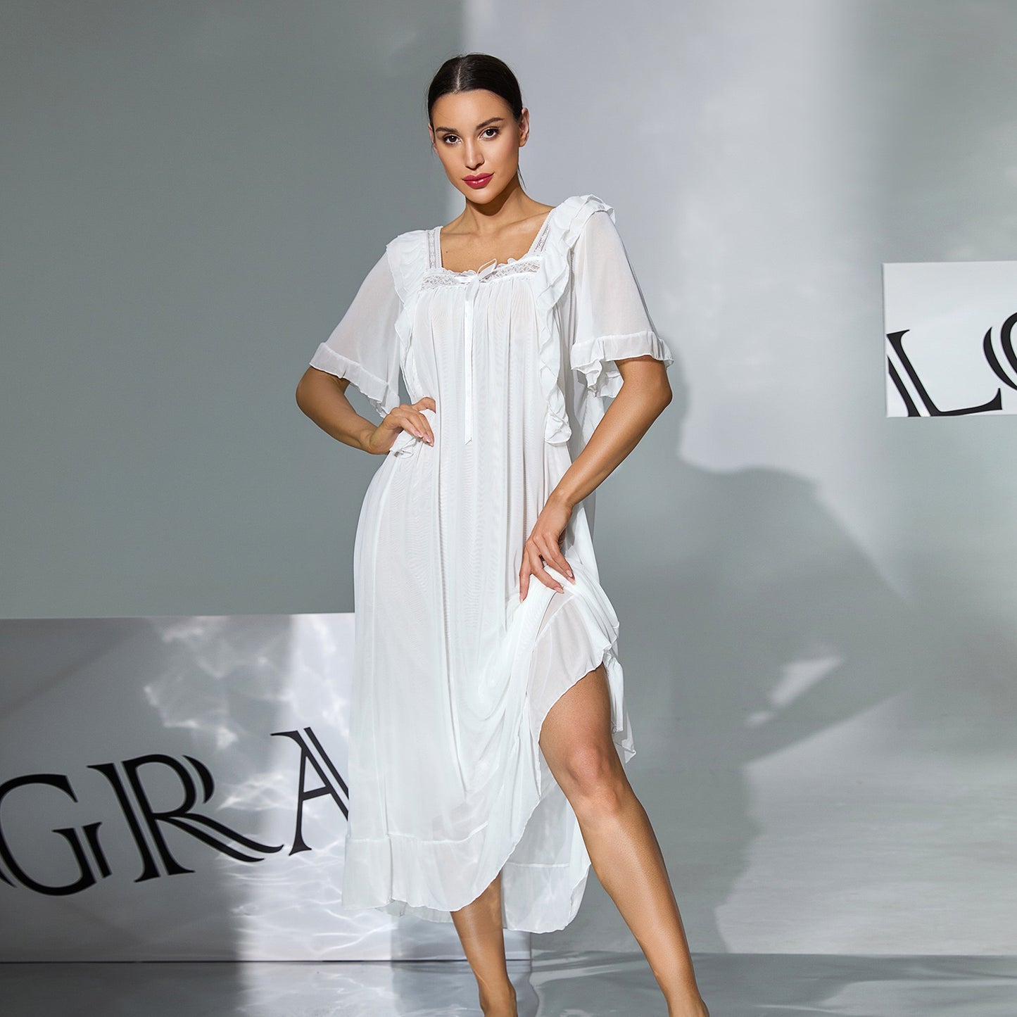 ZAHIR White Ruffled Sheer Nightgown | Private Edit