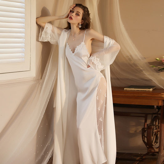 ZAHIR Private Edit: Bridal Whisper Satin Lace Nightgown & Sheer Robe Set