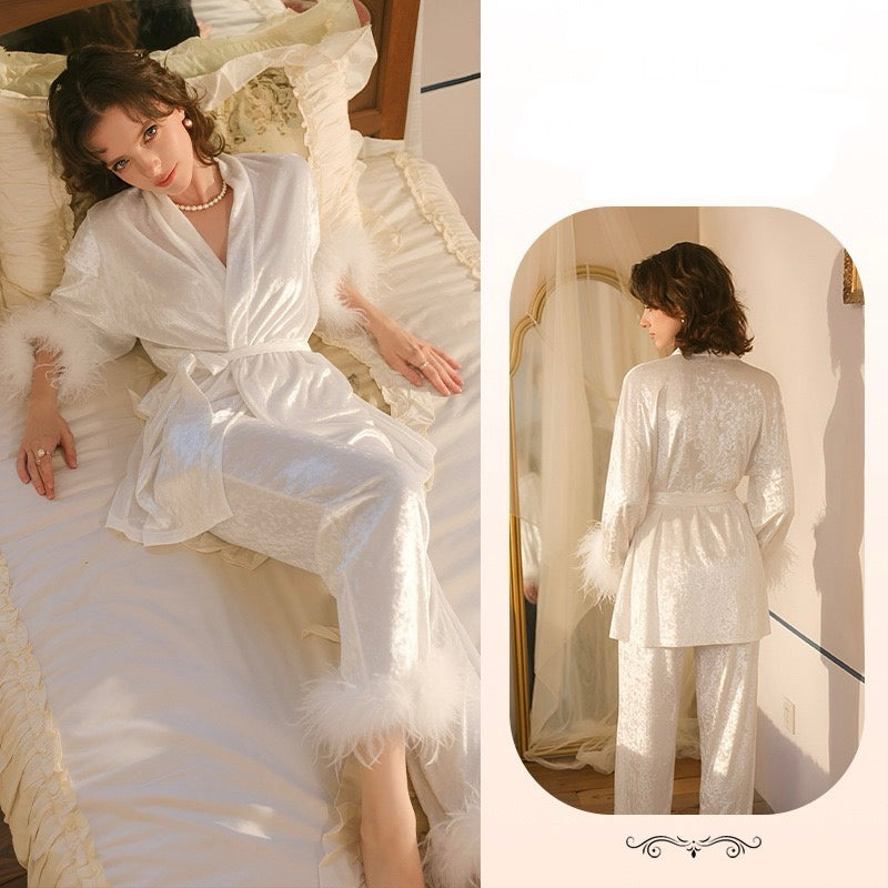 ZAHIR Ivory Velvet Feather Pajama Set | Private Edit