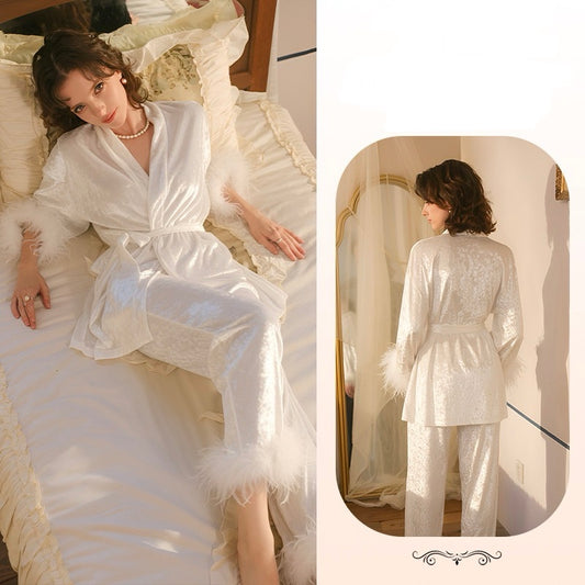 ZAHIR Ivory Velvet Feather Pajama Set | Private Edit