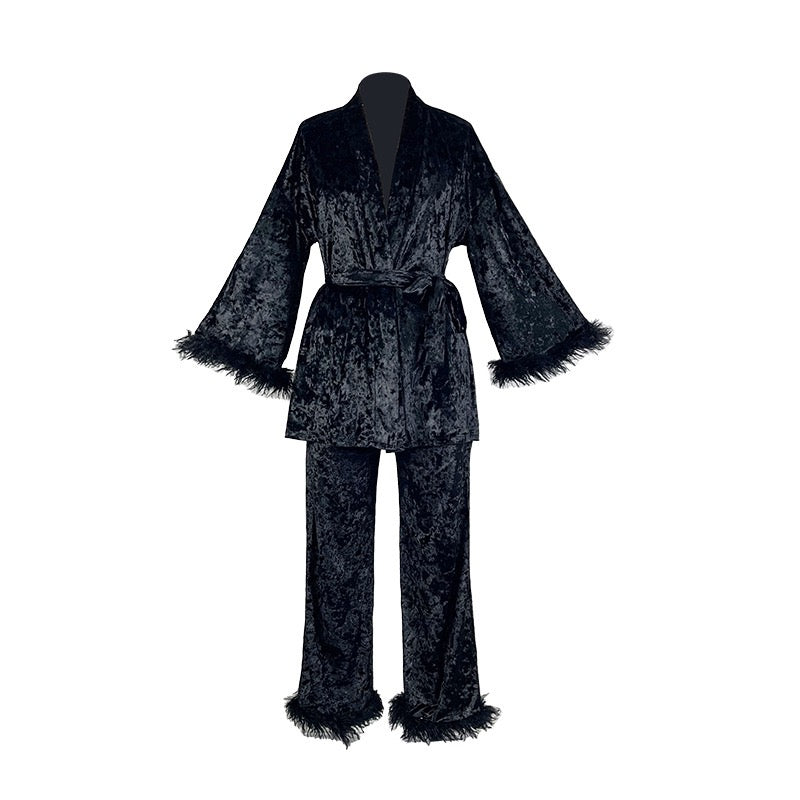 ZAHIR Ivory Velvet Feather Pajama Set | Private Edit