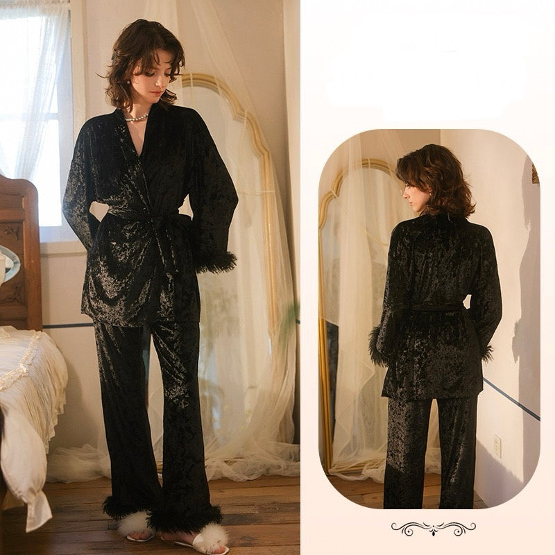 ZAHIR Ivory Velvet Feather Pajama Set | Private Edit