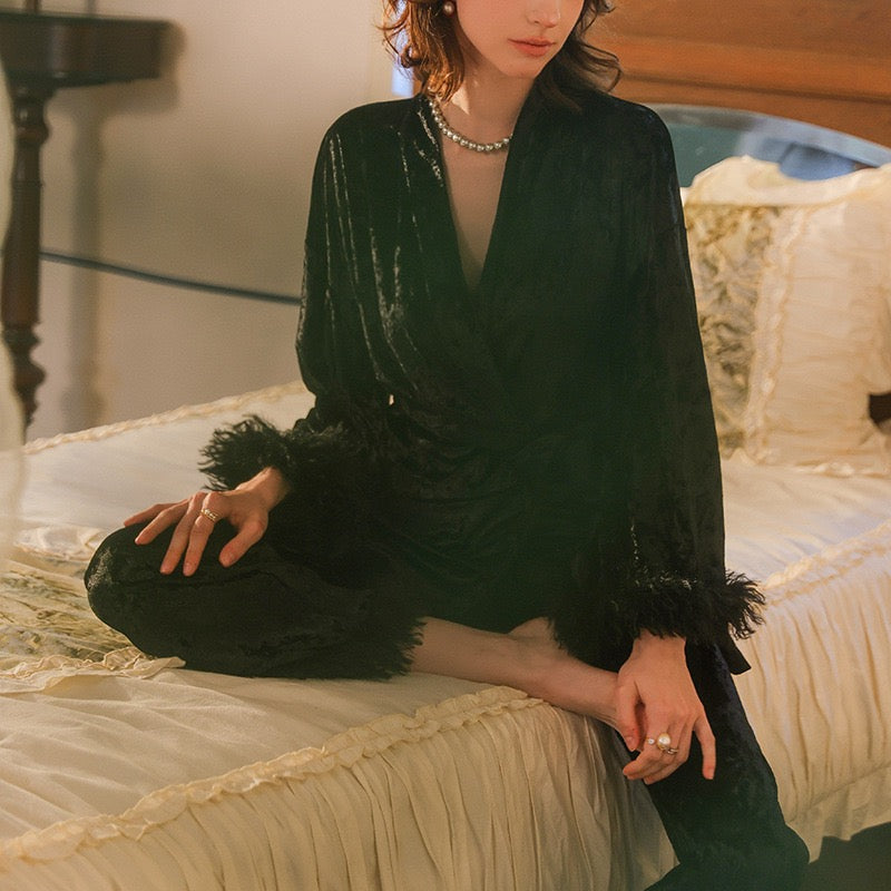 ZAHIR Ivory Velvet Feather Pajama Set | Private Edit