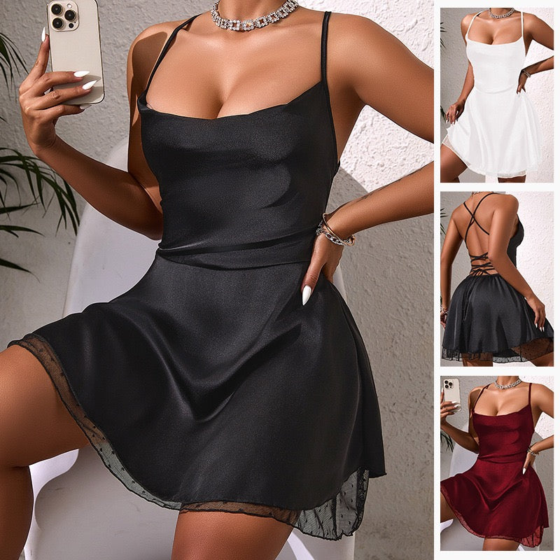ZAHIR Private Edit: Modern Satin Slip Dress with Mesh Hem and Crisscross Back