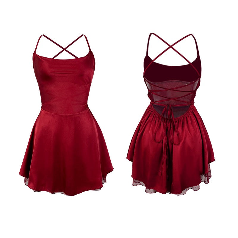 ZAHIR Private Edit: Modern Satin Slip Dress with Mesh Hem and Crisscross Back