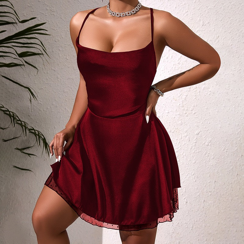 ZAHIR Private Edit: Modern Satin Slip Dress with Mesh Hem and Crisscross Back