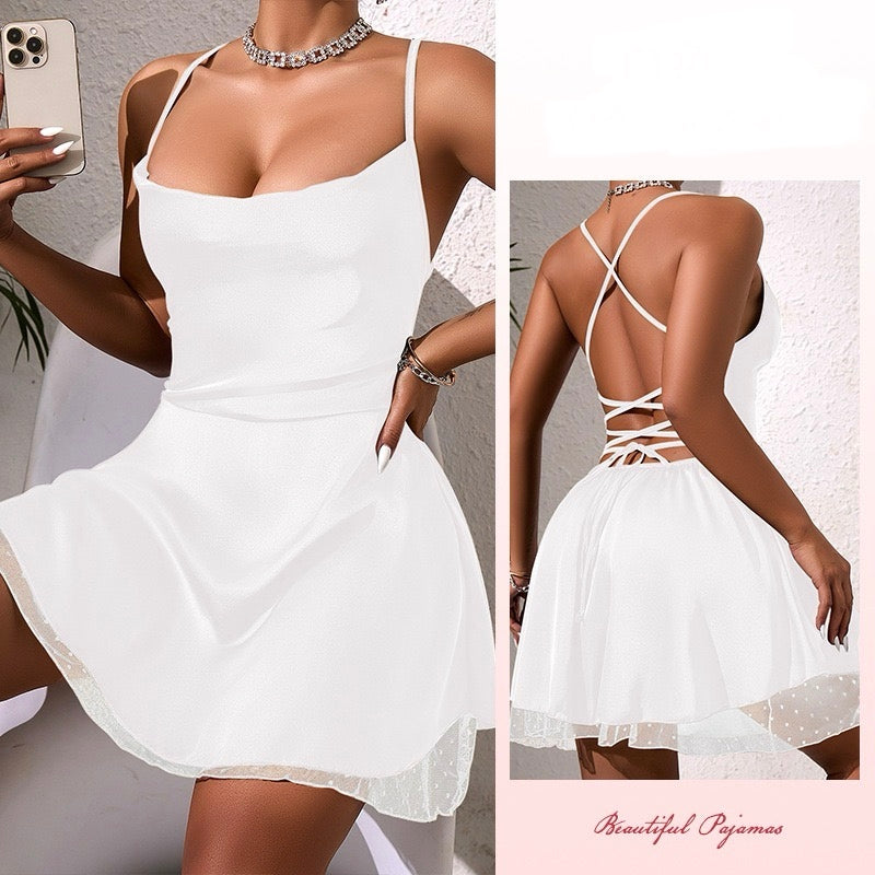 ZAHIR Private Edit: Modern Satin Slip Dress with Mesh Hem and Crisscross Back