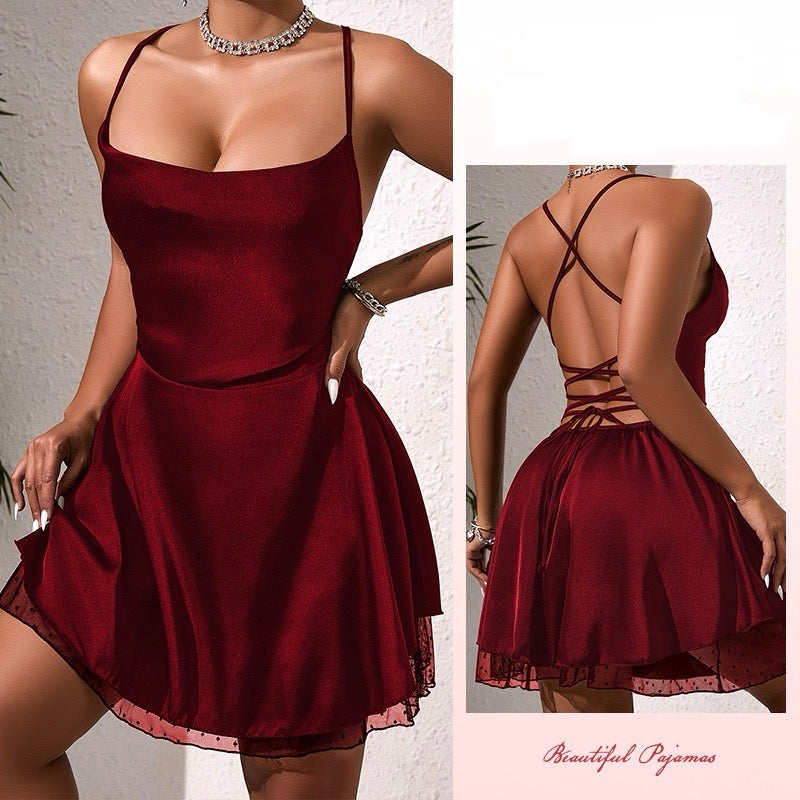 ZAHIR Private Edit: Modern Satin Slip Dress with Mesh Hem and Crisscross Back