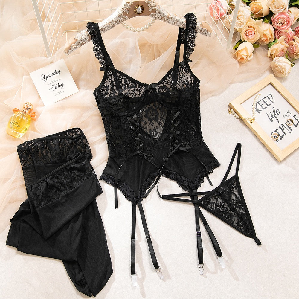 ZAHIR Private Edit Floral Lace Sheer Mesh Corset Lingerie Set with Thong & Suspenders