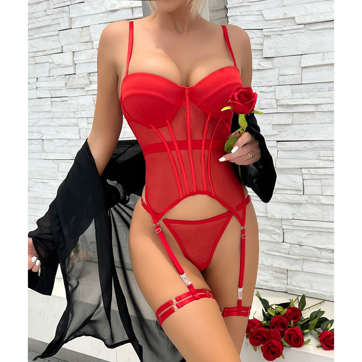 ZAHIR Private Edit Structured Sheer Mesh Corset Lingerie Set with Underwire Cups & Thigh Straps