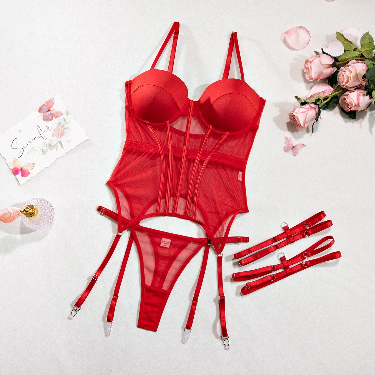 ZAHIR Private Edit Structured Sheer Mesh Corset Lingerie Set with Underwire Cups & Thigh Straps