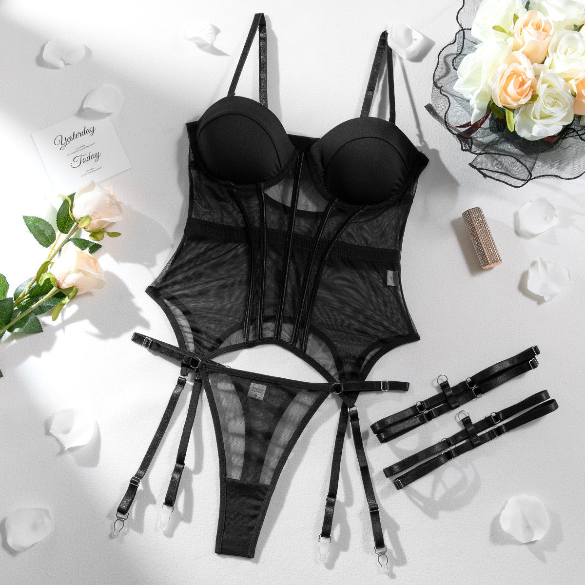 ZAHIR Private Edit Structured Sheer Mesh Corset Lingerie Set with Underwire Cups & Thigh Straps