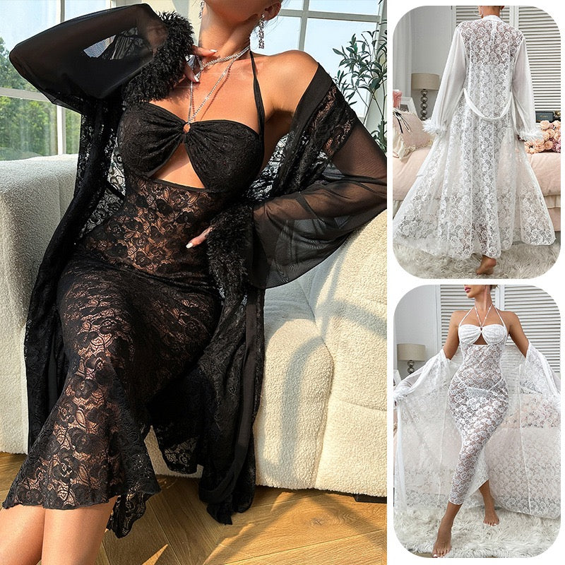 ZAHIR Lace Dress & Feather Robe Set | Private Edit
