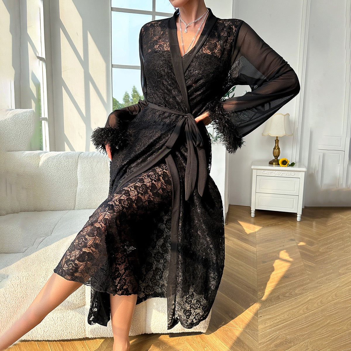 ZAHIR Lace Dress & Feather Robe Set | Private Edit