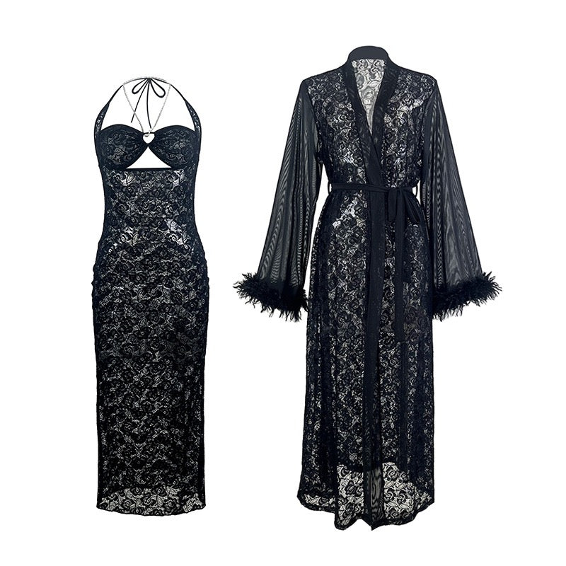 ZAHIR Lace Dress & Feather Robe Set | Private Edit