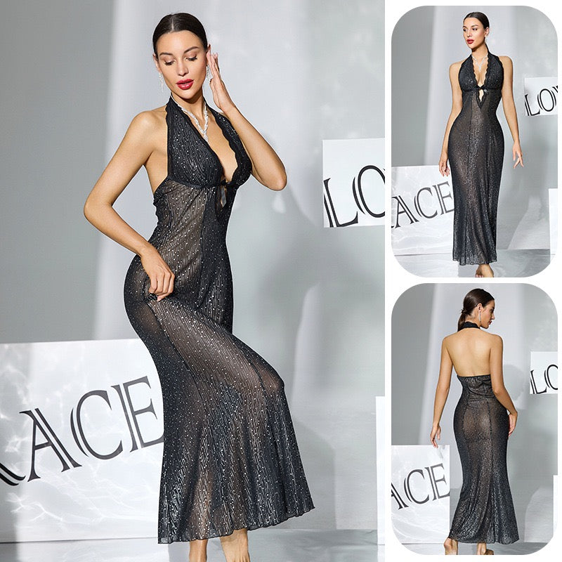 ZAHIR Private Edit Shimmering Rhinestone Halter Neck Sheer Mesh Maxi Dress with Keyhole Detail