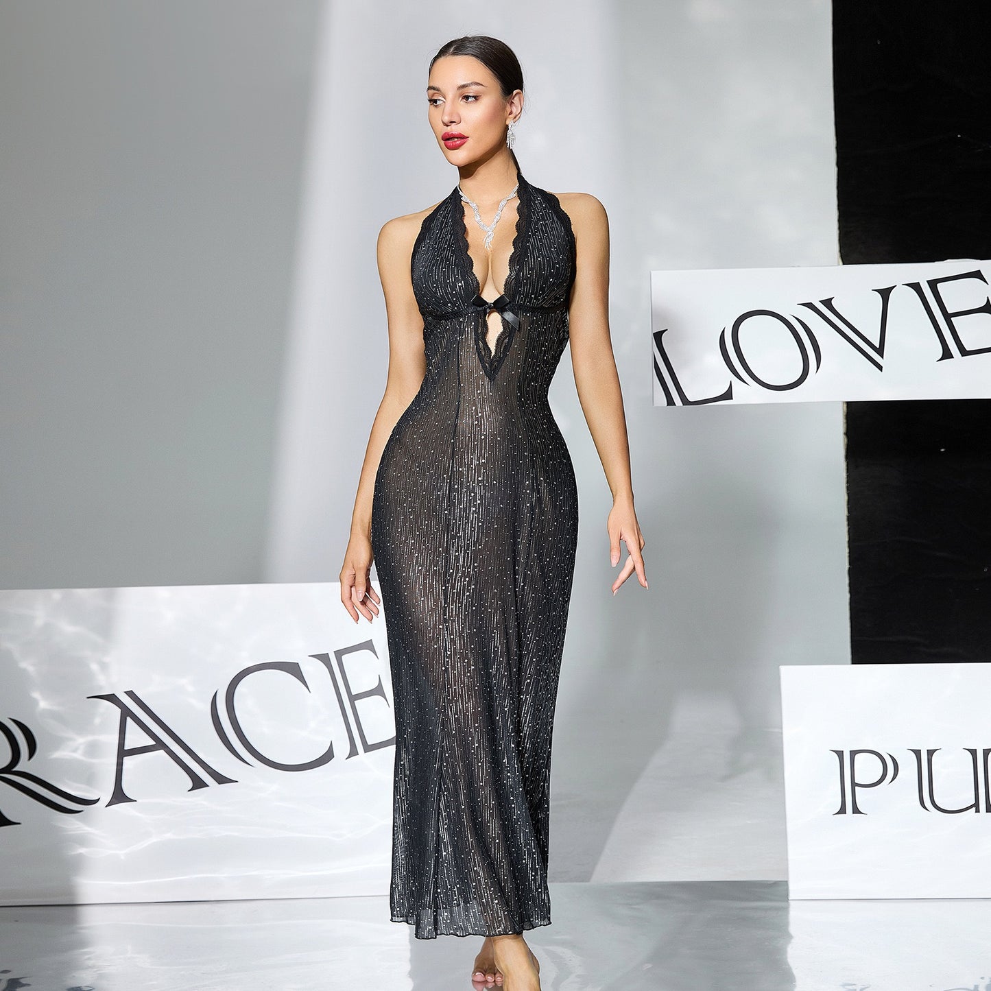 ZAHIR Private Edit Shimmering Rhinestone Halter Neck Sheer Mesh Maxi Dress with Keyhole Detail