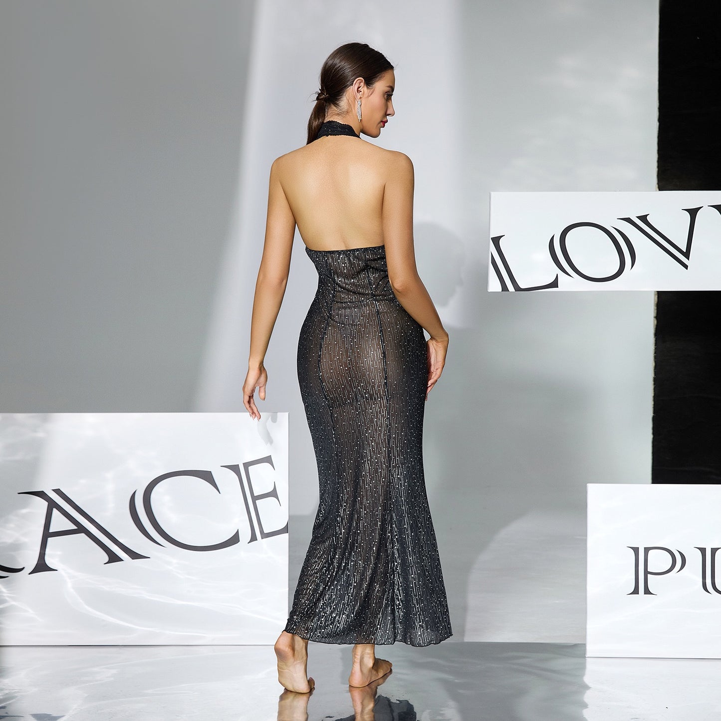 ZAHIR Private Edit Shimmering Rhinestone Halter Neck Sheer Mesh Maxi Dress with Keyhole Detail