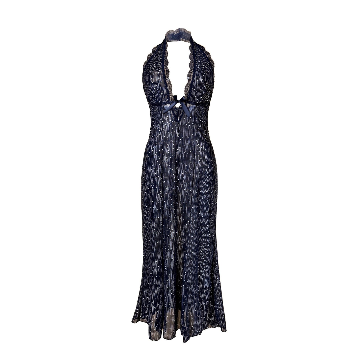 ZAHIR Private Edit Shimmering Rhinestone Halter Neck Sheer Mesh Maxi Dress with Keyhole Detail
