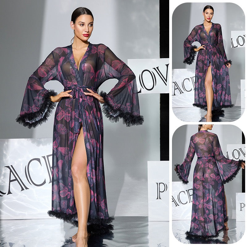 ZAHIR Private Edit: The Enchanted Butterfly Sheer Feather Trim Robe