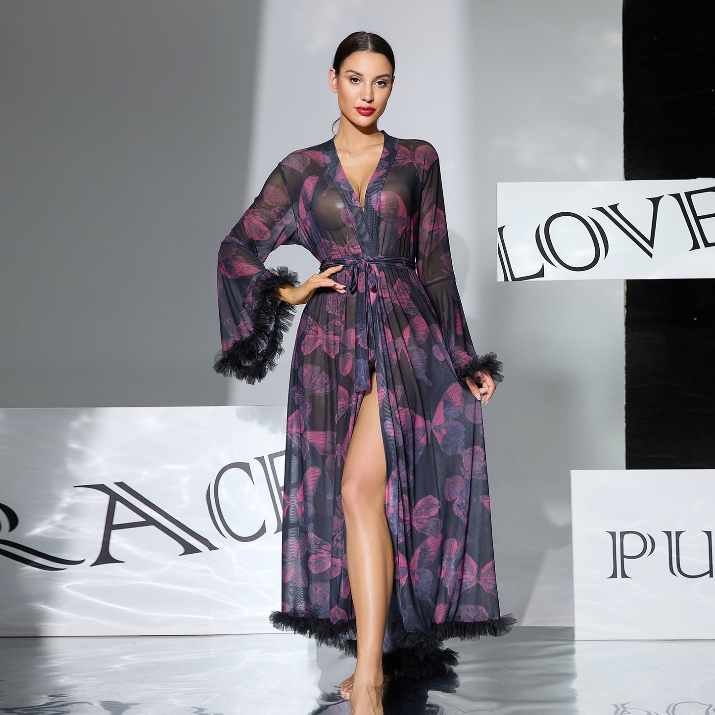 ZAHIR Private Edit: The Enchanted Butterfly Sheer Feather Trim Robe