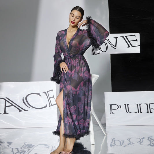 ZAHIR Private Edit: The Enchanted Butterfly Sheer Feather Trim Robe