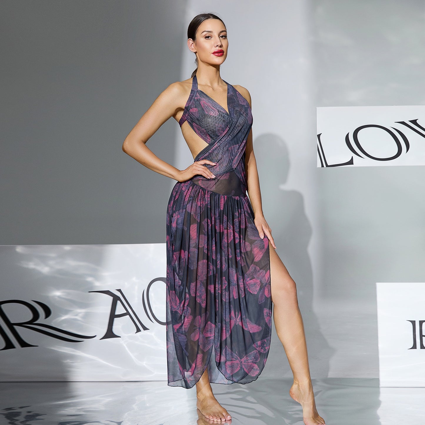 ZAHIR Private Edit - Butterfly Allure Sheer Halter Maxi Dress