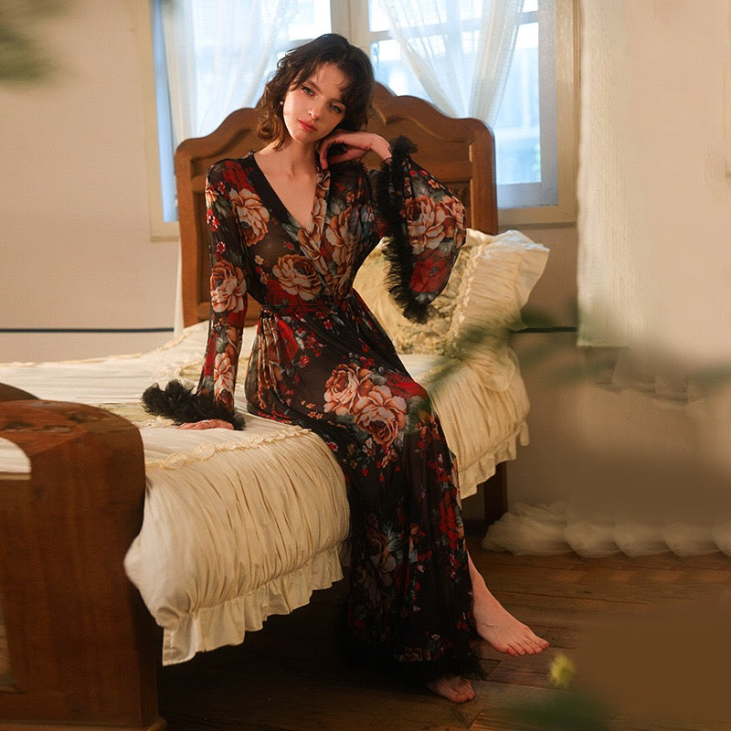 ZAHIR Private Edit Vintage Rose Feather Trim Sheer Kimono Robe